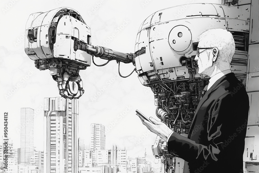 Poster A monochrome illustration of a man in a suit interacting with large, futuristic robots against the backdrop of a cityscape, emphasizing technological advancement.