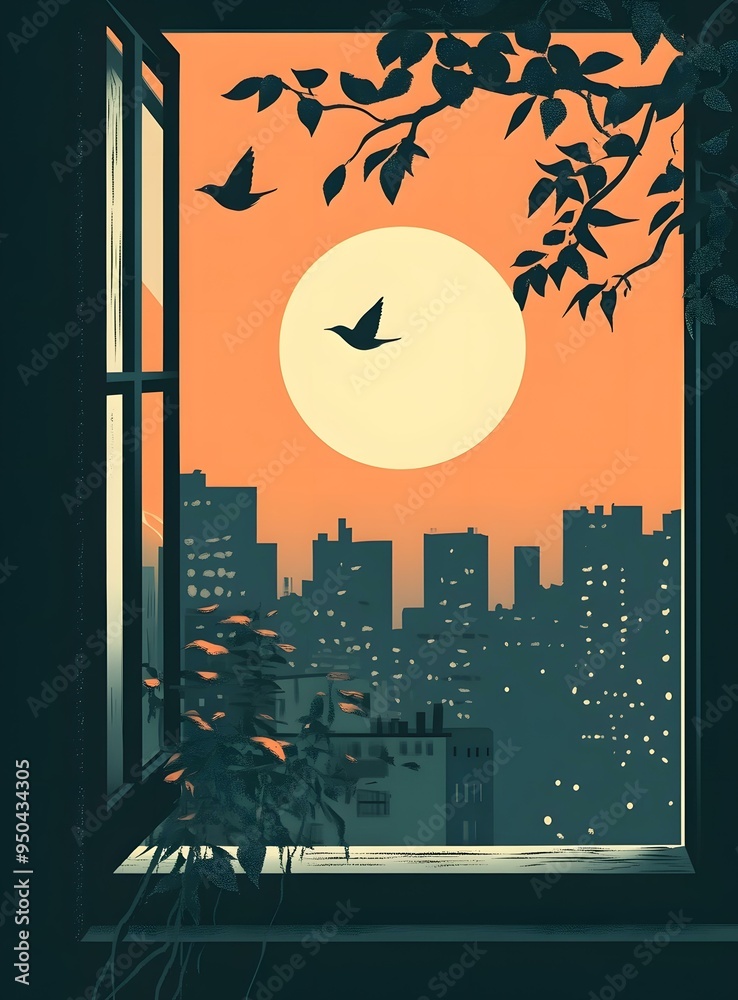 Canvas Prints window view of a city sunset with birds flying