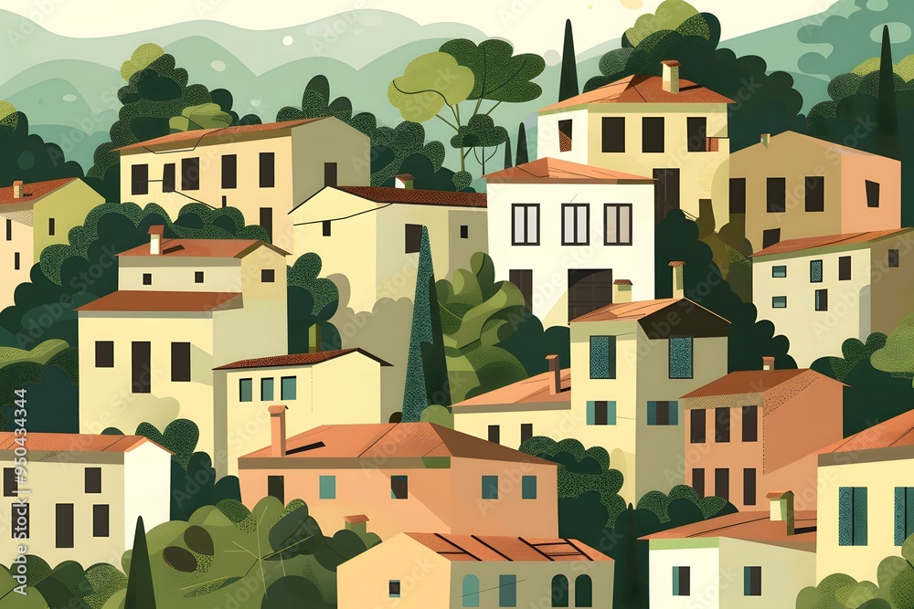 Wall mural colorful illustration of houses in a hillside village