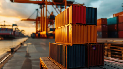 Fototapeta premium Colorful shipping containers stacked at a port during sunset, showcasing global trade and logistics operations in a vibrant scene.