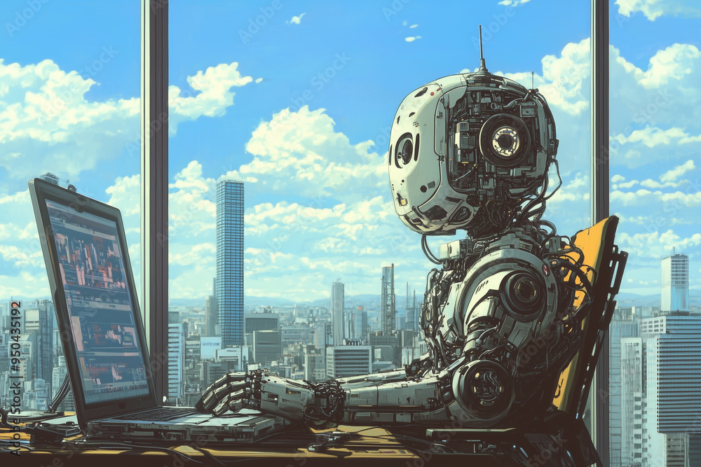 Poster A futuristic robot working on a laptop in a high-rise office with large windows, overlooking a sprawling cityscape under a bright, blue sky.