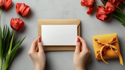 Hands holding a blank card in a brown envelope on a grey surface with red tulips and a yellow gift box
