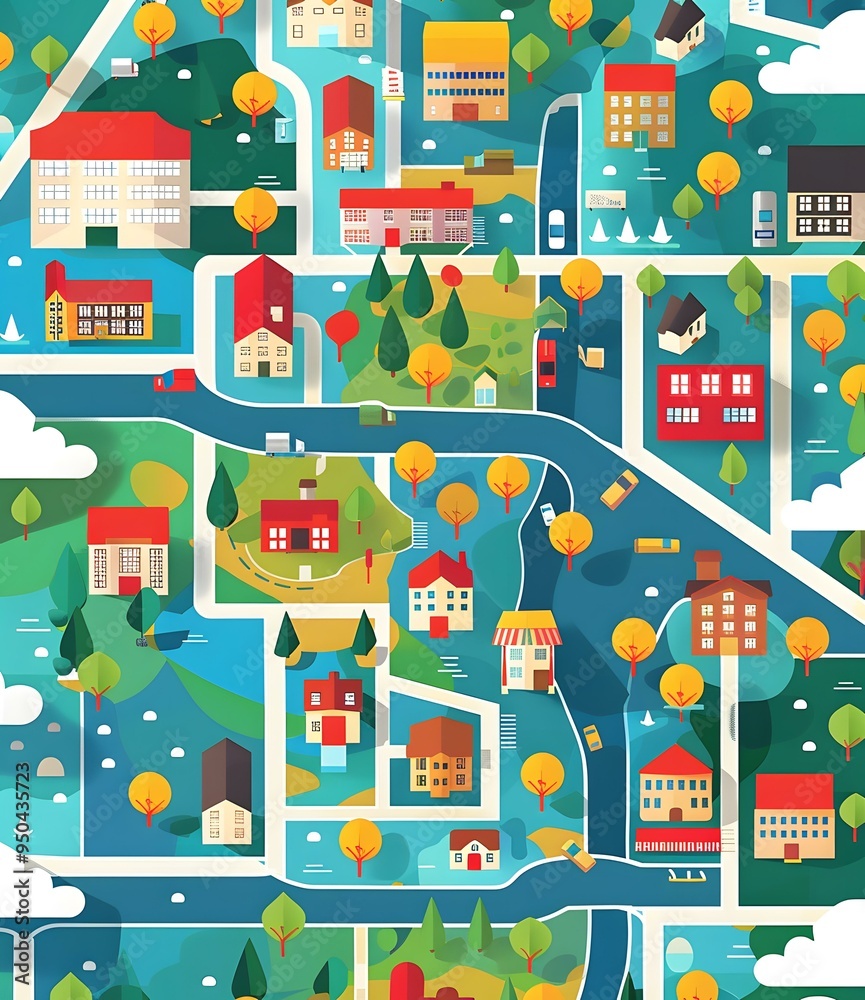 Canvas Prints top view illustration of a town with buildings, trees, and roads