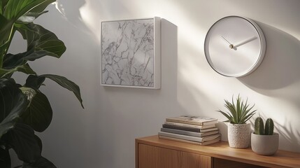 Sunlight Dappled A Minimalist Interior with a Marble Artwork Clock and Books on a Wooden Shelf