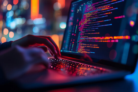 coding Digital technology, and software development concepts. Coding programmer, software engineer coding javascript on laptop computer screen, Agile development, digital technology 