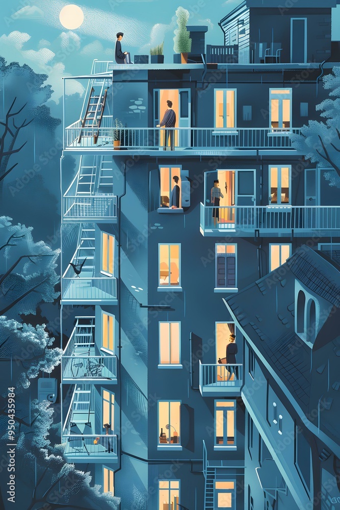 Wall mural nighttime apartment building with people on their balconies