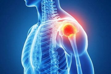 shoulder pain x-ray, A 3D person with glowing blue shoulder.
