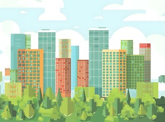 Modern City Skyline with Trees and Clouds