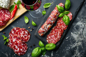 delicious salami with basil and red wine, top view