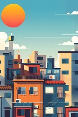 Obraz premium Illustration of Colorful Buildings with Sun