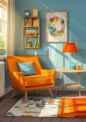 Fototapeta premium Modern Living Room Interior with Orange Armchair and Geometric Art