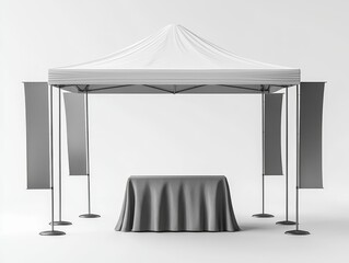 White Canopy Tent with Blank Banners and Grey Tablecloth Perspective View Ready for Your Branding