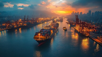 Fototapeta premium Majestic harbor at sunrise with container ships and glowing city skyline in vibrant orange hues.