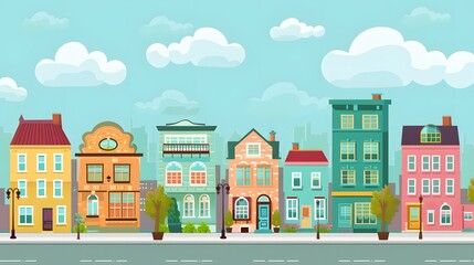 Naklejka premium Colorful Cartoon Cityscape Illustration With Row of Houses