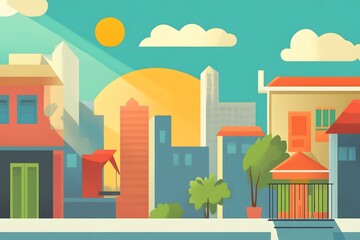 Obraz premium Colorful Cityscape Illustration with Sun