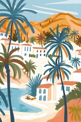 Obraz premium Tropical Beach Landscape with Palm Trees and Houses