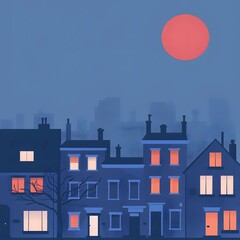Nighttime Cityscape with Red Moon and Silhouettes of Buildings