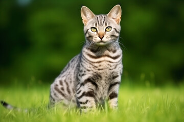 cat breed Egyptian in nature with a blurred background