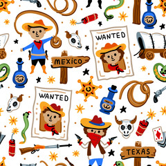 Bright cheerful children seamless vector pattern with American western cowboy from wild west rural Landscape. Childish background. Wild West. Texas. Cheerful characters with animals and plants.