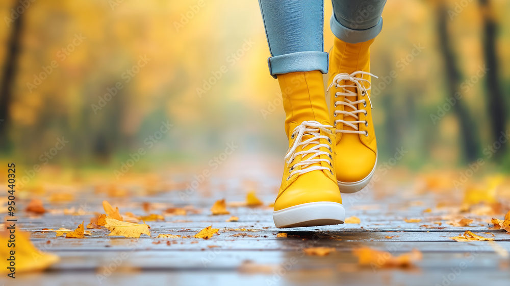 Wall mural person walking on a path covered with autumn leaves