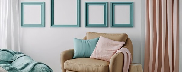Serene bedroom 3D model with teal picture frames and tan seating.