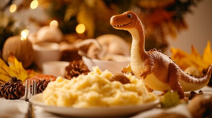 A whimsical Thanksgiving spread featuring a brontosaurus made of mashed potatoes and gravy, with dinosaur-themed table settings and a festive, prehistoric atmosphere