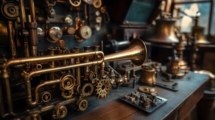 Steampunk-inspired workshop gears intricate machinery vintage industrial brass instruments heavy textures