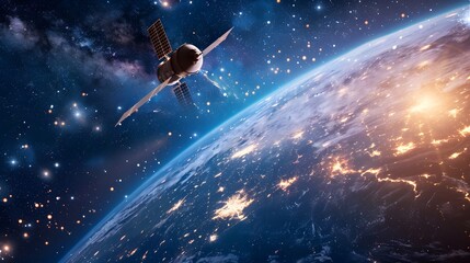 Naklejka premium Satellite Orbiting Earth: A satellite orbiting Earth, with the planet and stars in the background. 