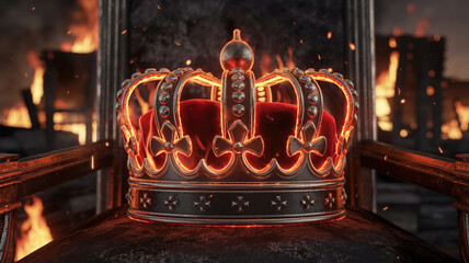 fiery king crown. burning in fire glowing , rise and fall of a medieval empire. Medieval, king, queen, prince, princess, knight concept.