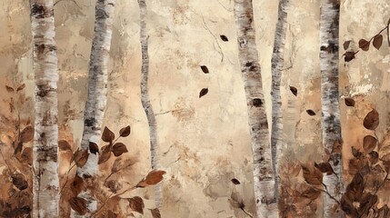 Light Brown Birch Trees and Leaves in Michel de Gallard Style. AI generated illustration
