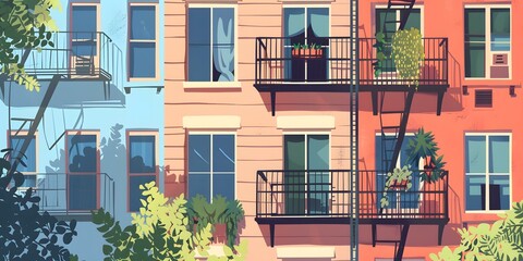 Fototapeta premium Colorful Building Facade with Balconies and Plants