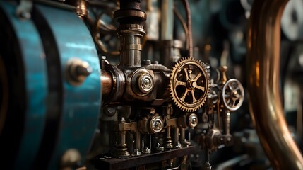 Fototapeta premium Steampunk workshop gears intricate machinery vintage industrial brass instruments heavy textures