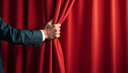 Businessman opening red stage curtain with hand gesture