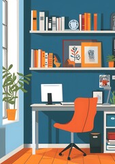 Modern Home Office Interior Design with Bookshelf