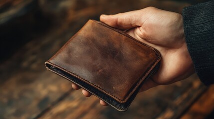 Rustic Leather Wallet in Hands on Wooden Background