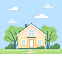 Fototapeta premium Yellow House with Green Trees and Blue Sky Illustration