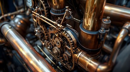 Intricate machinery brass instruments gears vintage industrial steampunk workshop copper tones