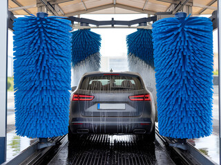 A car getting cleaned inside a fully touchless automatic car wash