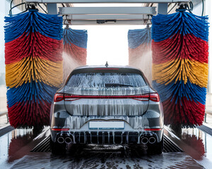 A car getting cleaned inside a fully touchless automatic car wash