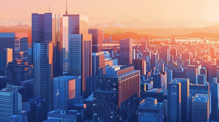 Obraz premium Sunset Cityscape with Skyscrapers and Mountains