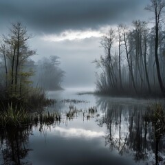 Fototapeta premium cloudy autumn morning on the lake and trees