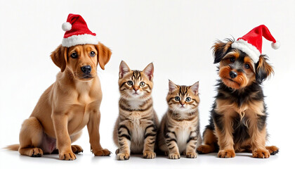 Two puppies and two kittens wearing christmas hats posing on white background
