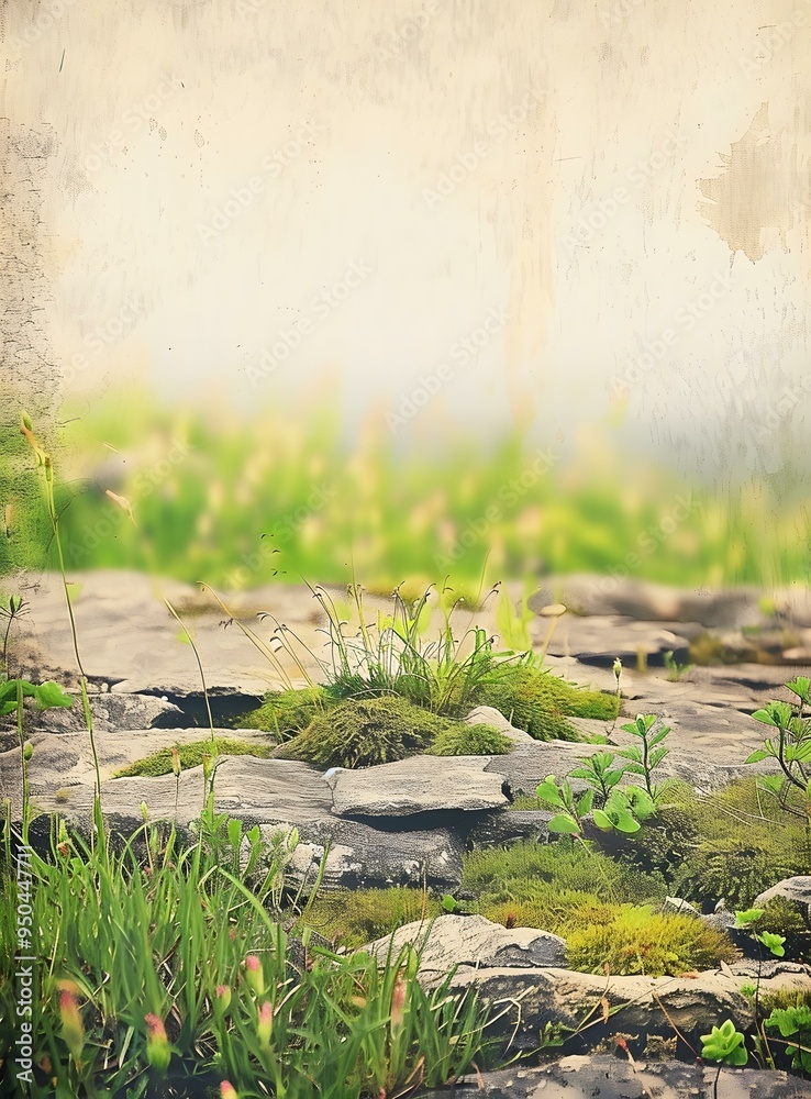 Sticker Vintage Style Green Mossy Rocks With Blurred Background