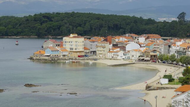 Timelapse of a panoramic view of Carril village, Villagarcia de Arosa, Pontevedra, Spain on sunny day of summer. High angle view
