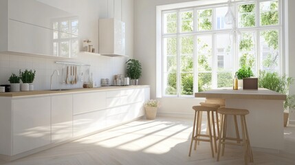 Fototapeta premium A light Scandinavian kitchen with minimalist white furniture and natural wood countertops bathed in soft daylight from large windows creating an open and airy feel