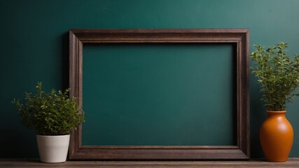 Empty dark wooden picture frame on old green wall.