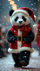 Adorable panda mascot wearing santa claus costume walking under snowflakes