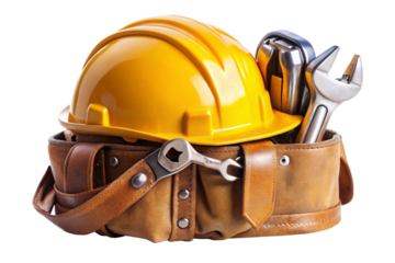 Construction safety helmet and tool belt holding wrench  isolated on a white background