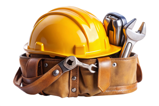 Construction safety helmet and tool belt holding wrench isolated on a white background