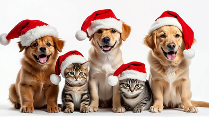 Group of cats and dogs wearing santa hats for christmas celebration